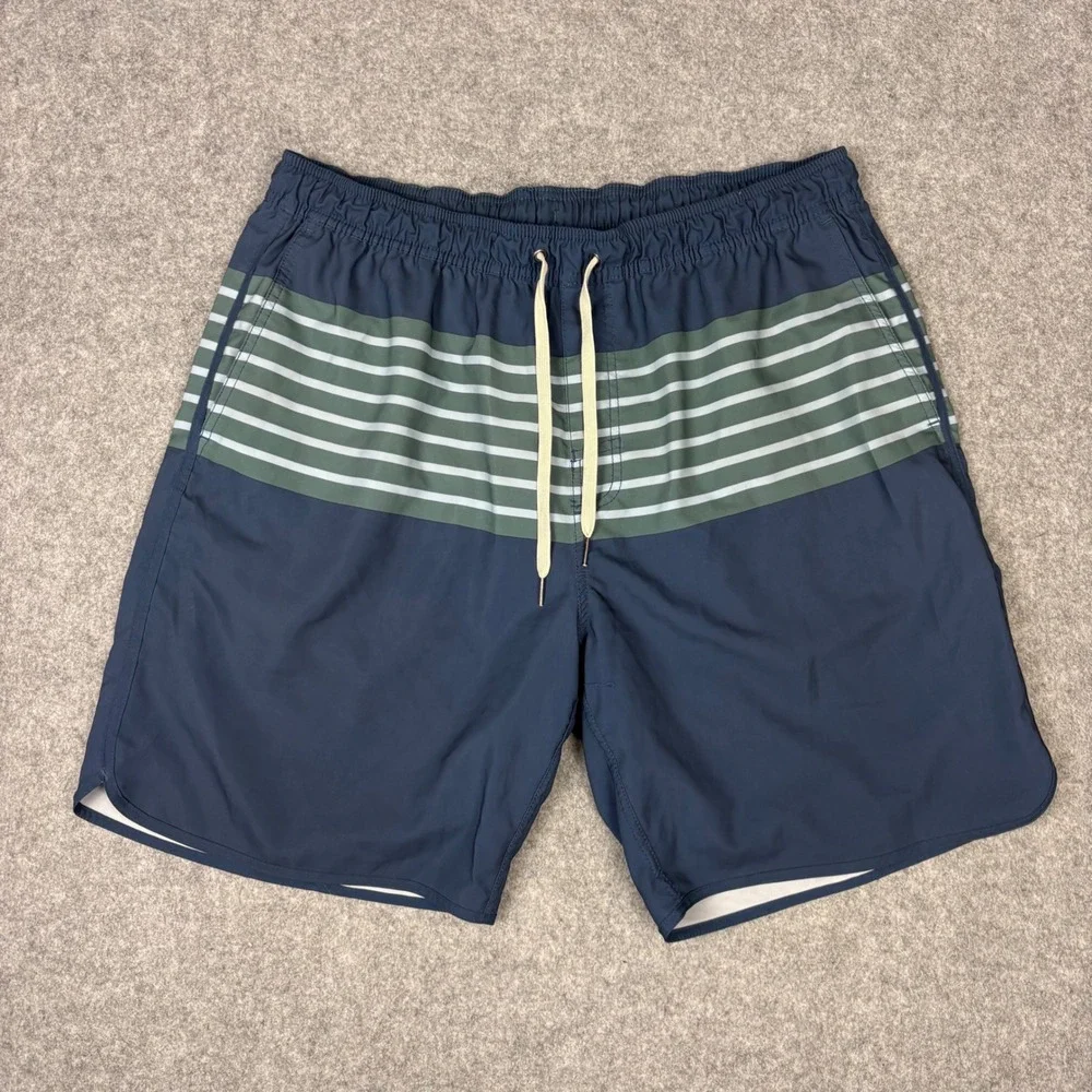 Fair Harbor M XXL Swim Trunks Navy Blue Green Striped Board Shorts 8 Inch Inseam